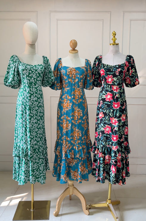 Summer Floral Puffer Sleeves Long Tiered Maxi Dress